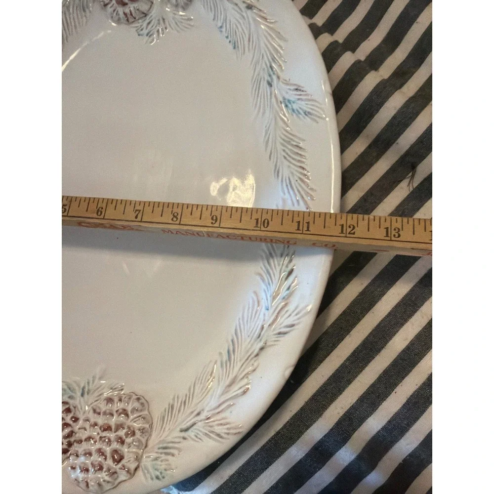 Large Oval Ceramic Serving Platter White Pinecone Pine Needle Embossed 18.5 Inch